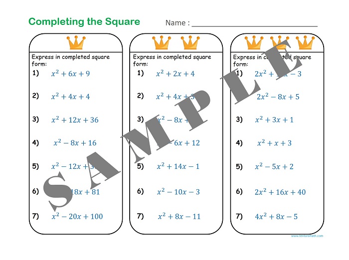 Completing the Square Worksheet