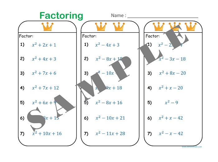 Factoring Quadratics a equals 1 worksheet